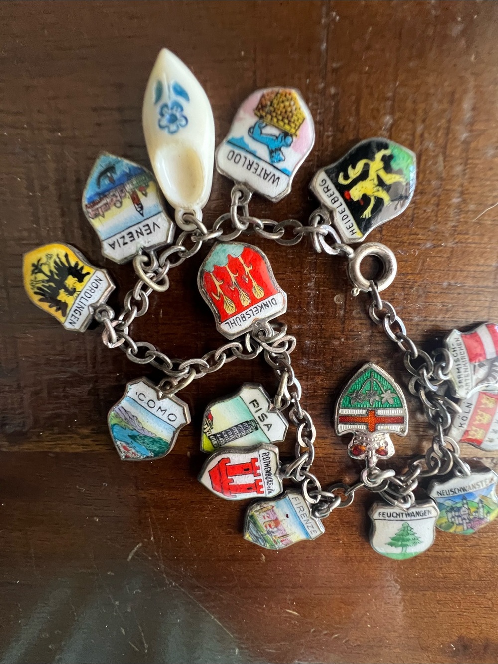 Vintage Enamel Shield Charm Bracelet - Multicolor Travel Shields from Europe - Picture 2 of 7